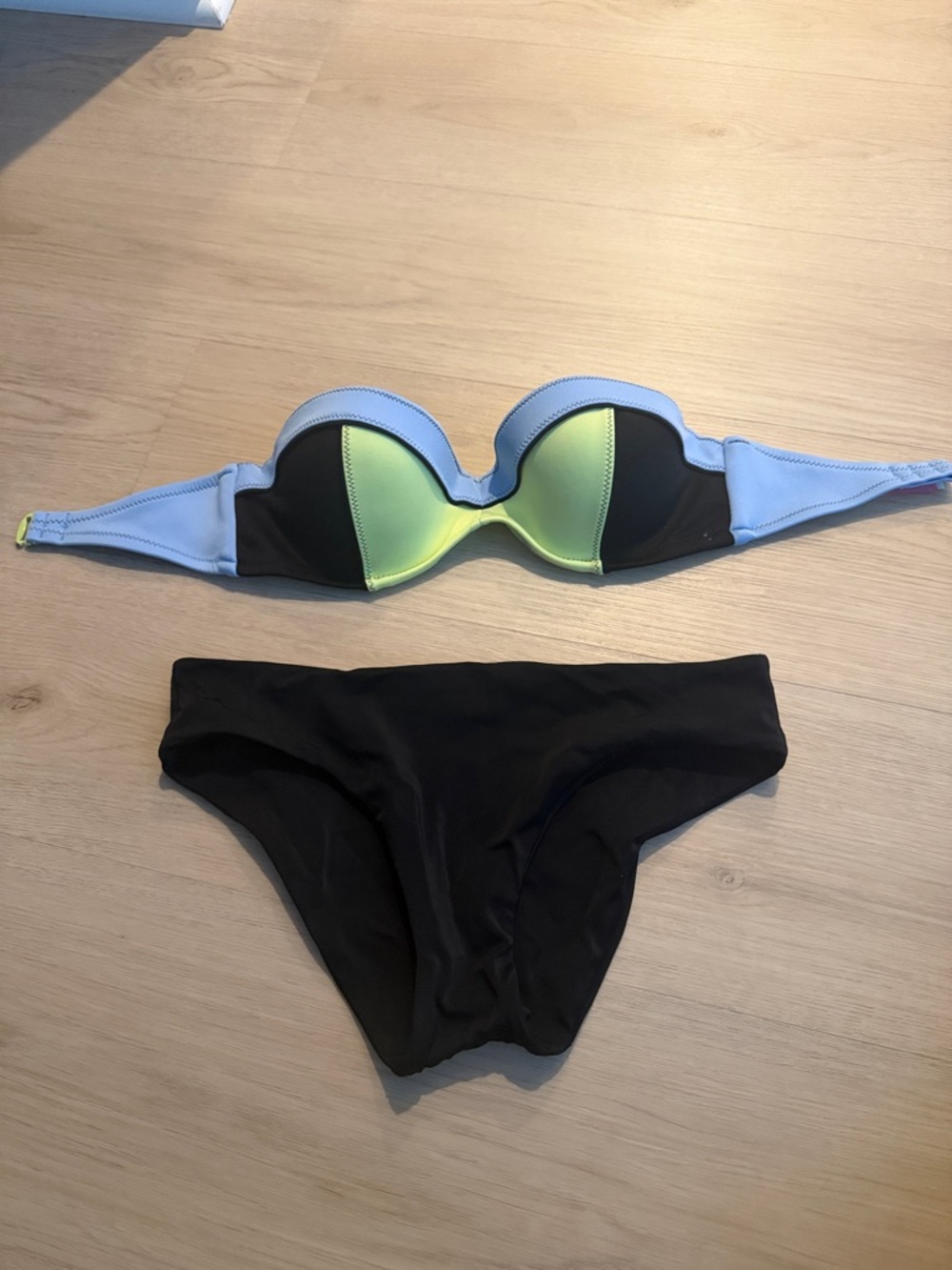 Victoria's Secret Strapless Colorblock Bikini in Black, Lime & Light Blue